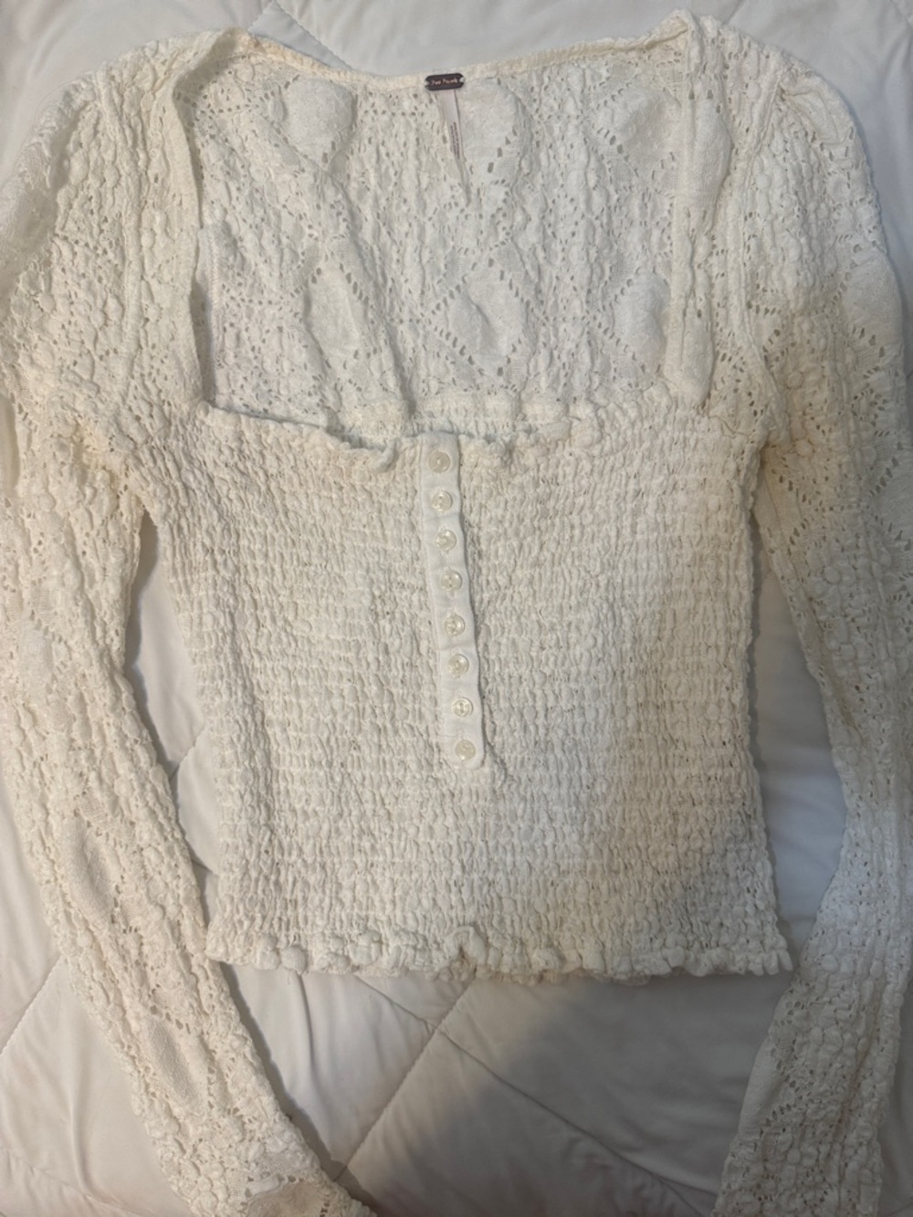 Crochet Lace Smocked Long-Sleeve Top - White